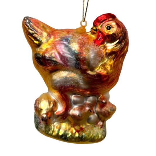 Chicken and Baby Chicks Glass Ornament