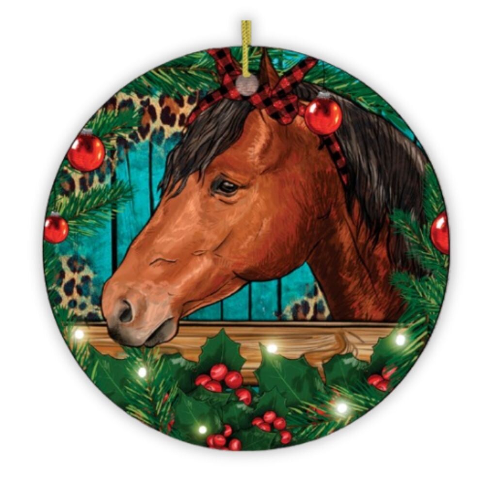 Elegant Brown Horse in Christmas Wreath Ornament