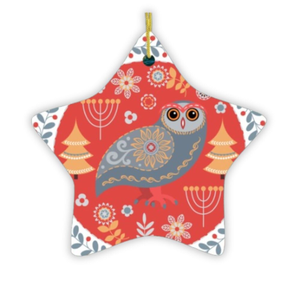 Ethnic Folk Owl Christmas Ornament, Scandinavian Vintage Theme