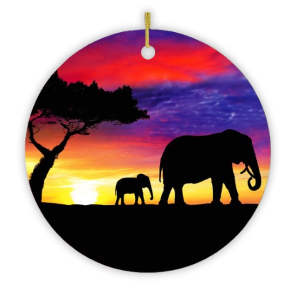 Elephant Silhouette Ornament, Exotic Nature Sunset of Africa Christmas Decoration