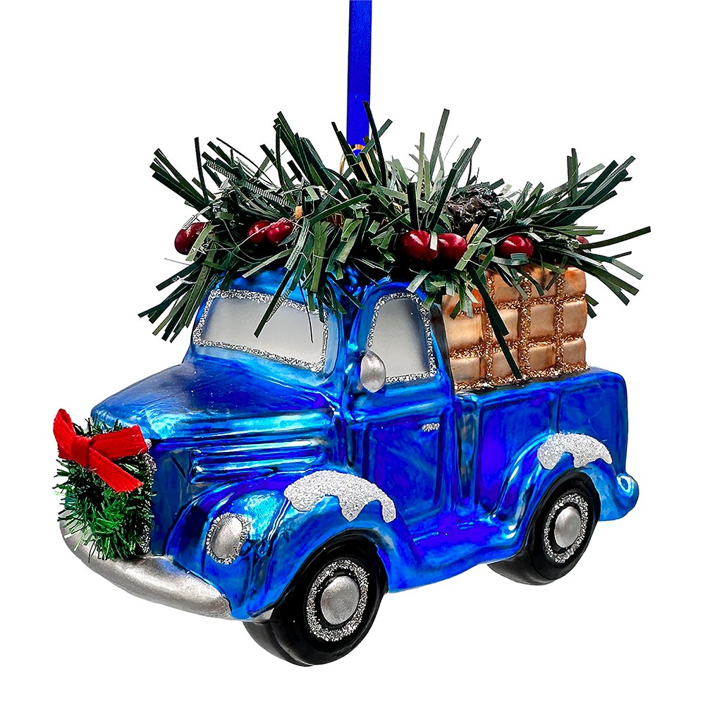 A Marvelous Blue Christmas Set of Four Glass Ornaments with Santa, Truck, Snow Cabin and Sleigh