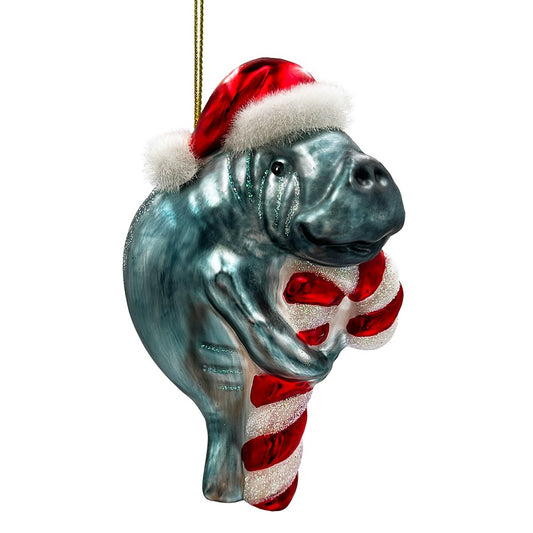 Aquatic Manatee Glass Christmas Ornament, Sea Cow Coastal Ocean Animal Holiday Decoration