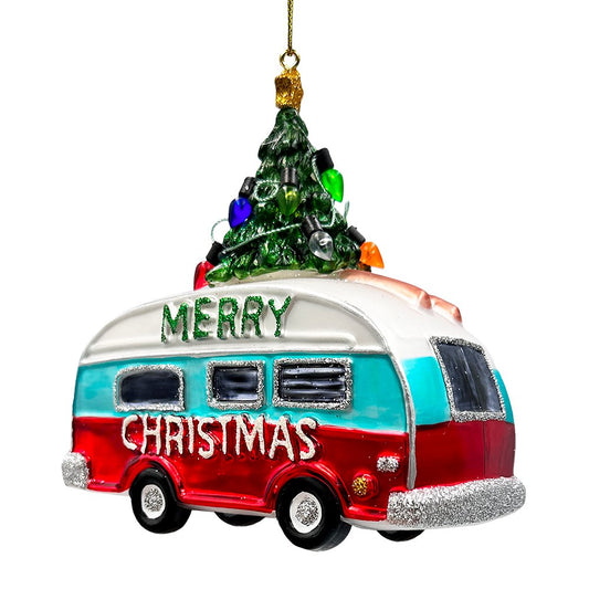 Camping RV Glass Christmas Ornament, Camper Trailer Motorhome Traveler Gift