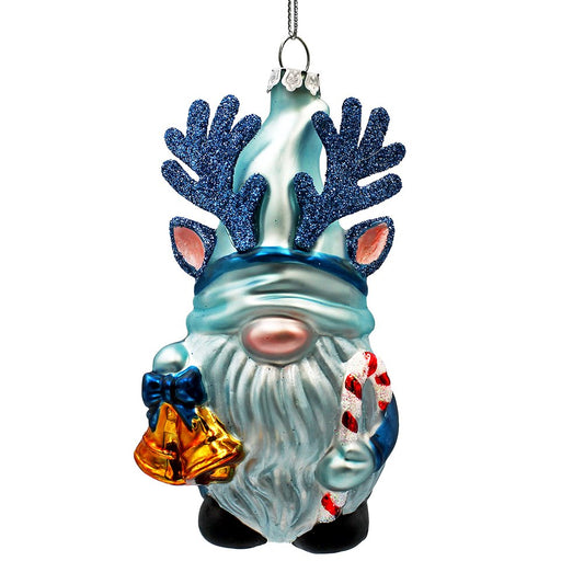 Charming Blue Gnome with Antlers Glass Christmas Ornament