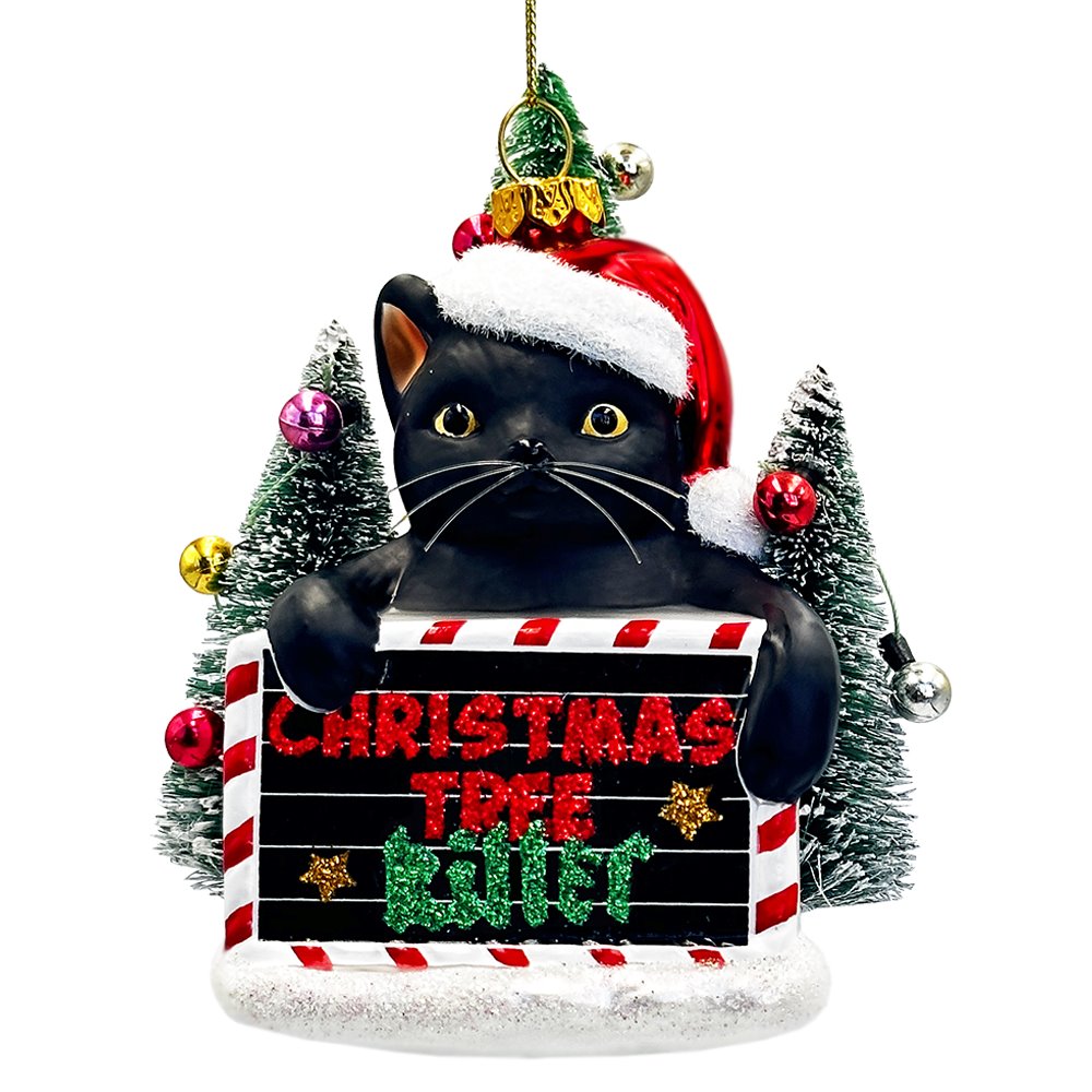 Christmas Tree Killer Funny Black Cat Glass Christmas Ornament, Whimsical Funny Tree Decor