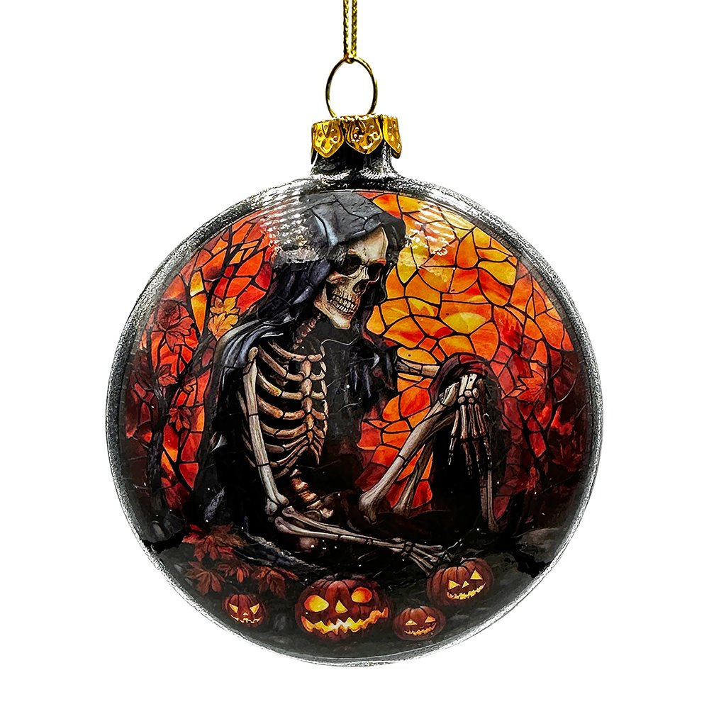 Creepy Stained Glass Skeleton and Raven Haunted Ornament, Halloween Horror and Christmas Tree Decor