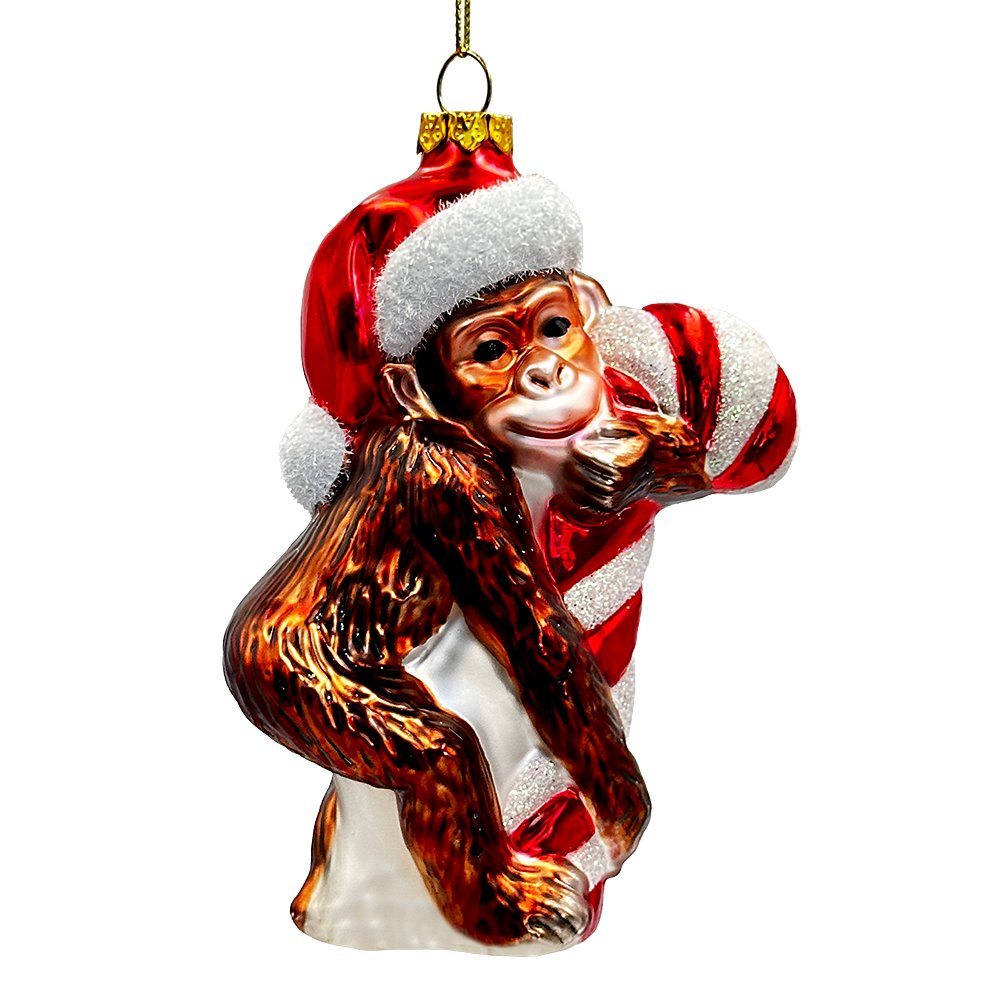 Cute Monkey with Candy Cane Glass Christmas Ornament, Adorable Chimp Holiday Tree Decor