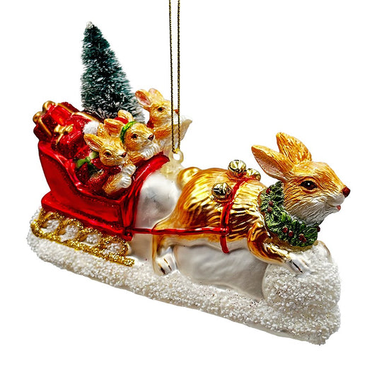 Enchanting Hare and Sleigh Glass Christmas Ornament, Elegant Hand Blown Tree Decor