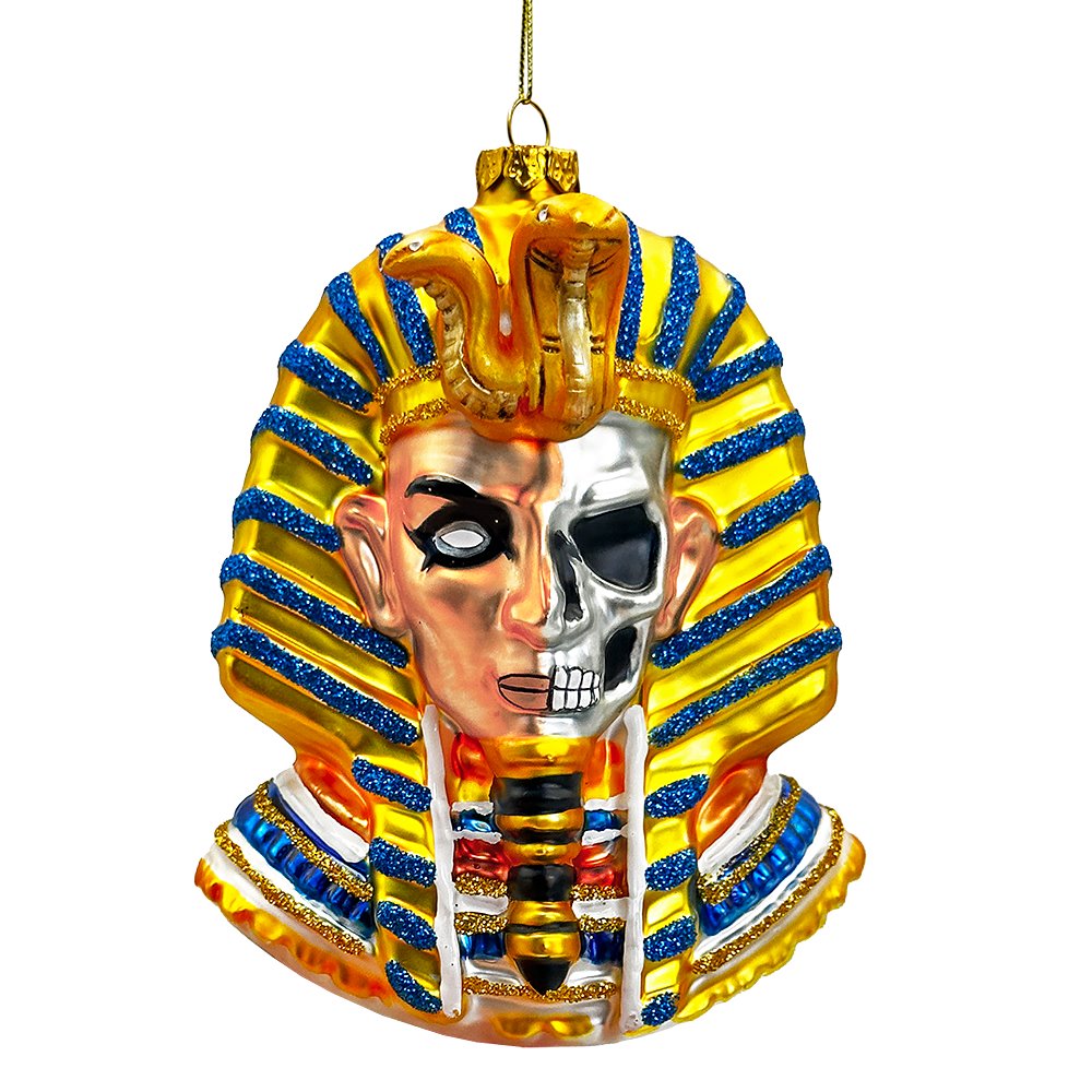 Evil Egyptian Pharoah Half Skull Head Glass Ornament, Gothic Halloween Tree Decor