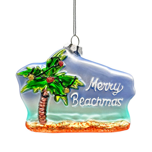 Merry Beachmas Christmas Palm Tree Glass Ornament, Xmas in July Tropical Decor