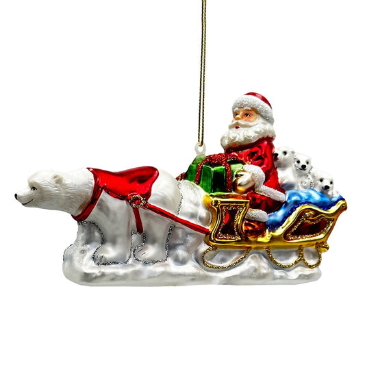 Polar Bear Santa Sleigh Glass Christmas Ornament, Exquisite Handblown Tree Decor