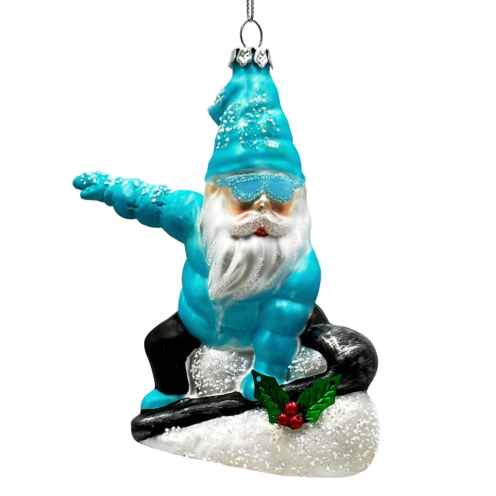 Snowboarding Gnome Glass Christmas Ornament, Winter Blue Aspen Tree Decor