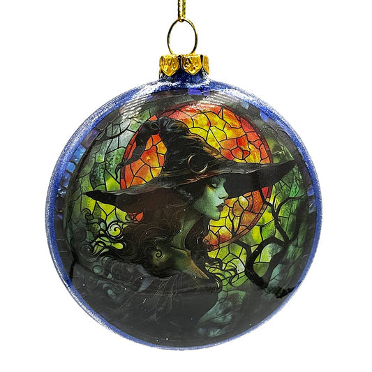 Witch and Black Cat Stained Glass Handblown Ornament, Spooky Halloween and Christmas Tree Decor