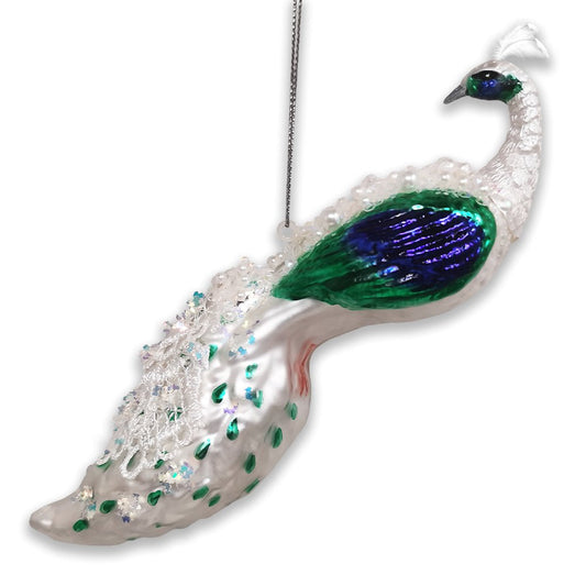 Elegant Winter Peacock Glass Christmas Ornament