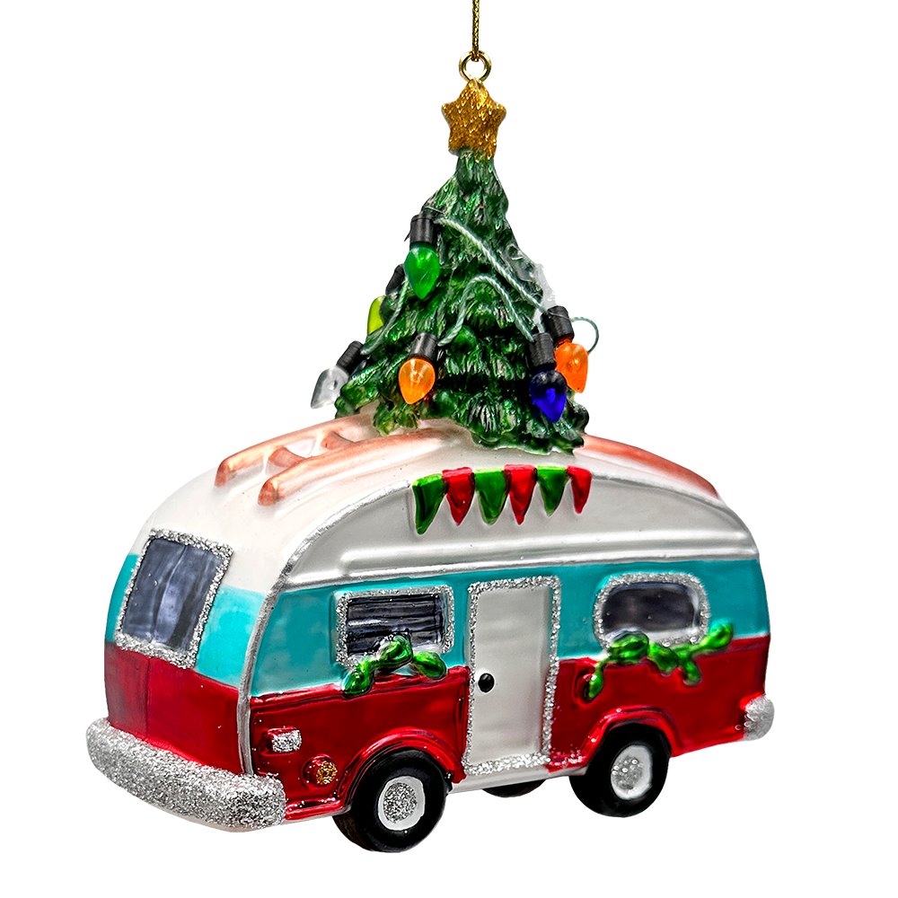 Camping RV Glass Christmas Ornament, Camper Trailer Motorhome Traveler Gift