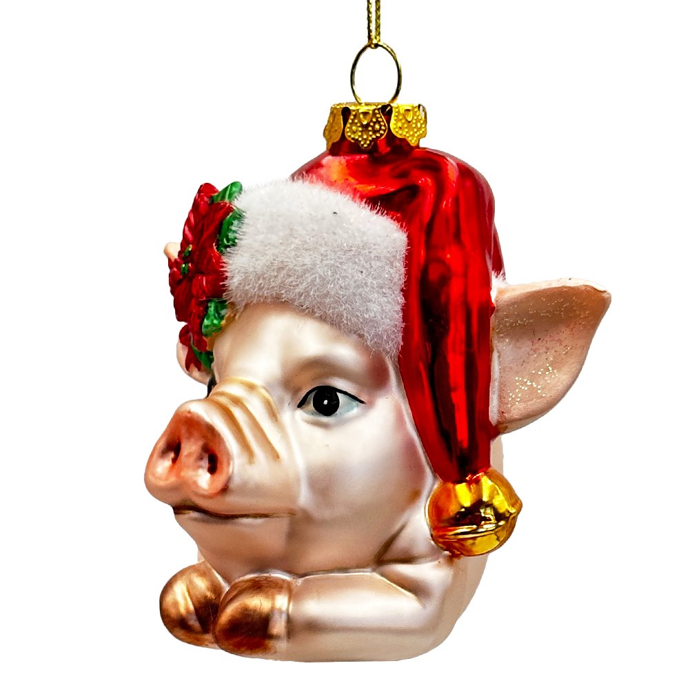 Charming Pig with Santa Hat Glass Christmas Ornament, Cute Farmhouse Tree Decor