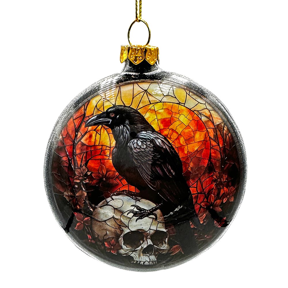 Creepy Stained Glass Skeleton and Raven Haunted Ornament, Halloween Horror and Christmas Tree Decor