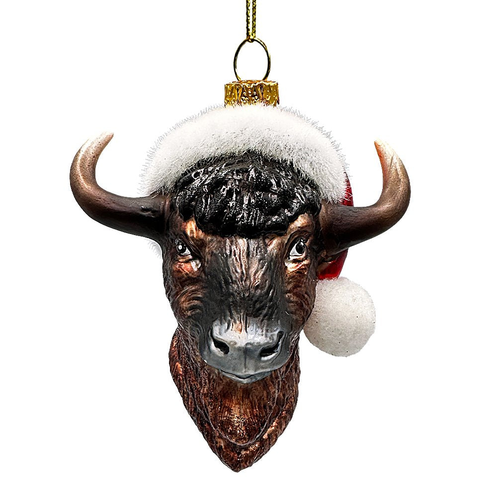 Festive Bison Glass Christmas Ornament, Buffalo Western Bovine Animal