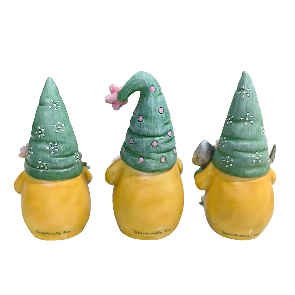 Garden Guardians Set of Three 6" Gardening Gnome Figurines, Floral Green and Yellow Statue Decor