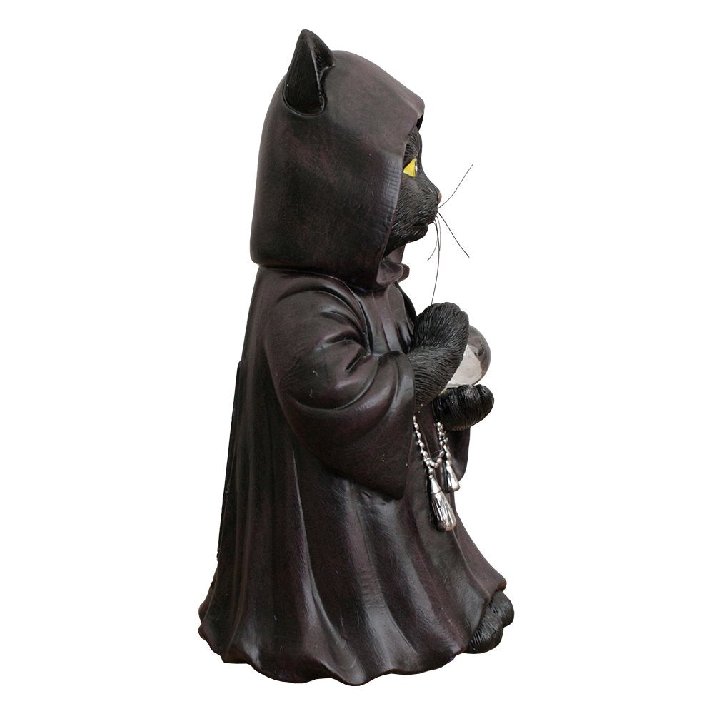 Ominous Black Cat Wizard Figurine, 7" Solar Light Gothic Yard Statue Decor