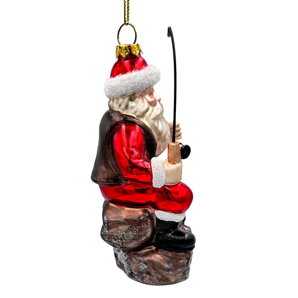 Relaxing Santa Claus Fishing Ornament, Hand Blown Glass Fisherman Gift Decor