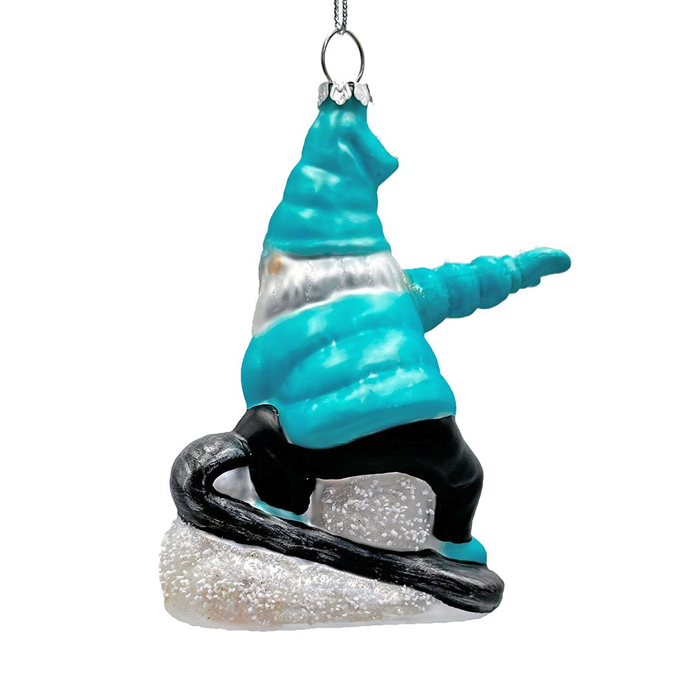 Snowboarding Gnome Glass Christmas Ornament, Winter Blue Aspen Tree Decor