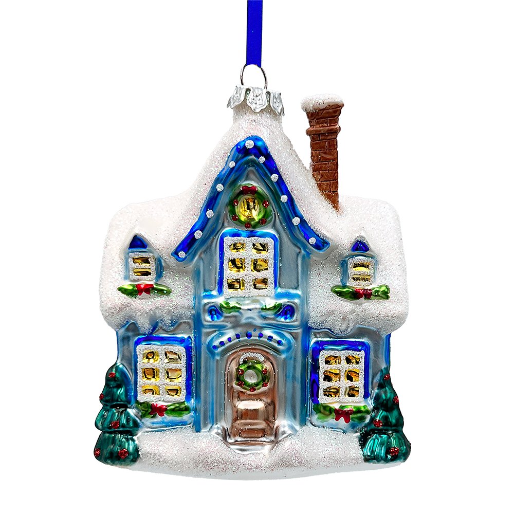 A Marvelous Blue Christmas Set of Four Glass Ornaments with Santa, Truck, Snow Cabin and Sleigh