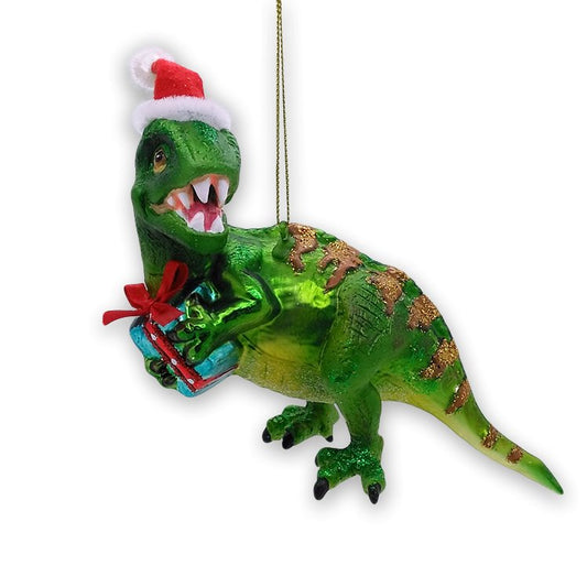 Green Christmas T-Rex Glass Ornament