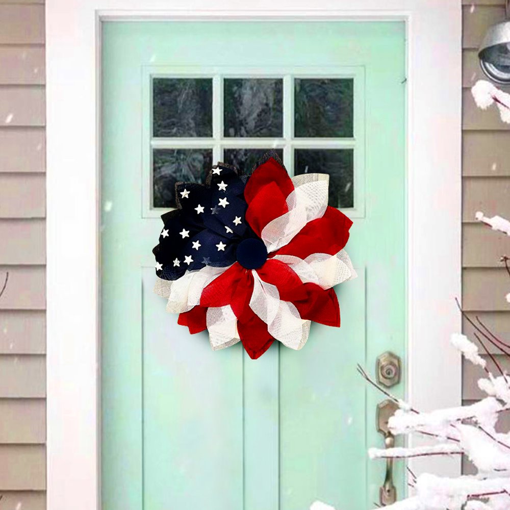 Rustic Burlap Patriotic 22" Wreath, American Flag Style 4th of July Front Door Home Decor