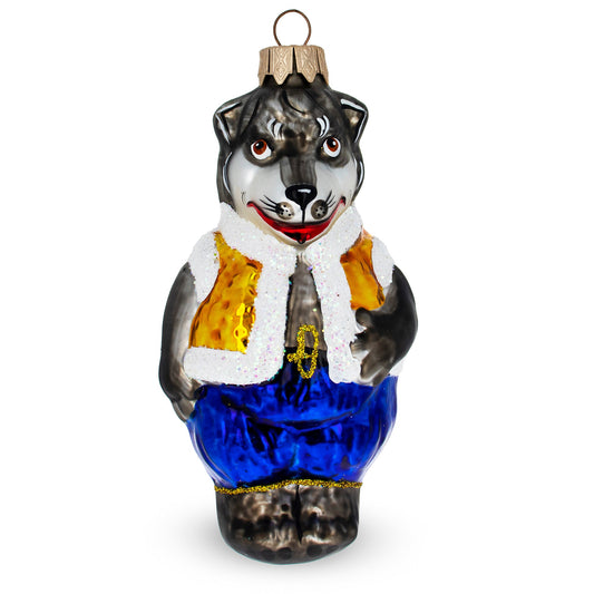 Wolf in Winter Jacket Folk Costume Mini Glass Christmas Ornament