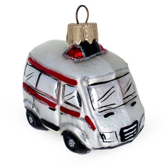 White Ambulance Car Mini Glass Christmas Ornament