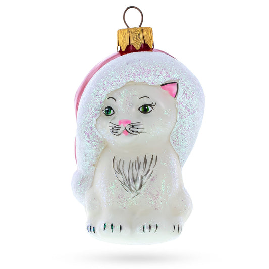 White Cat In Santa Hat Mini Glass Christmas Ornament