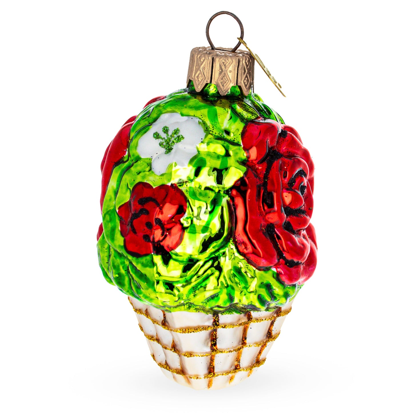 Red Flowers in White Basket Mini Glass Christmas Ornament