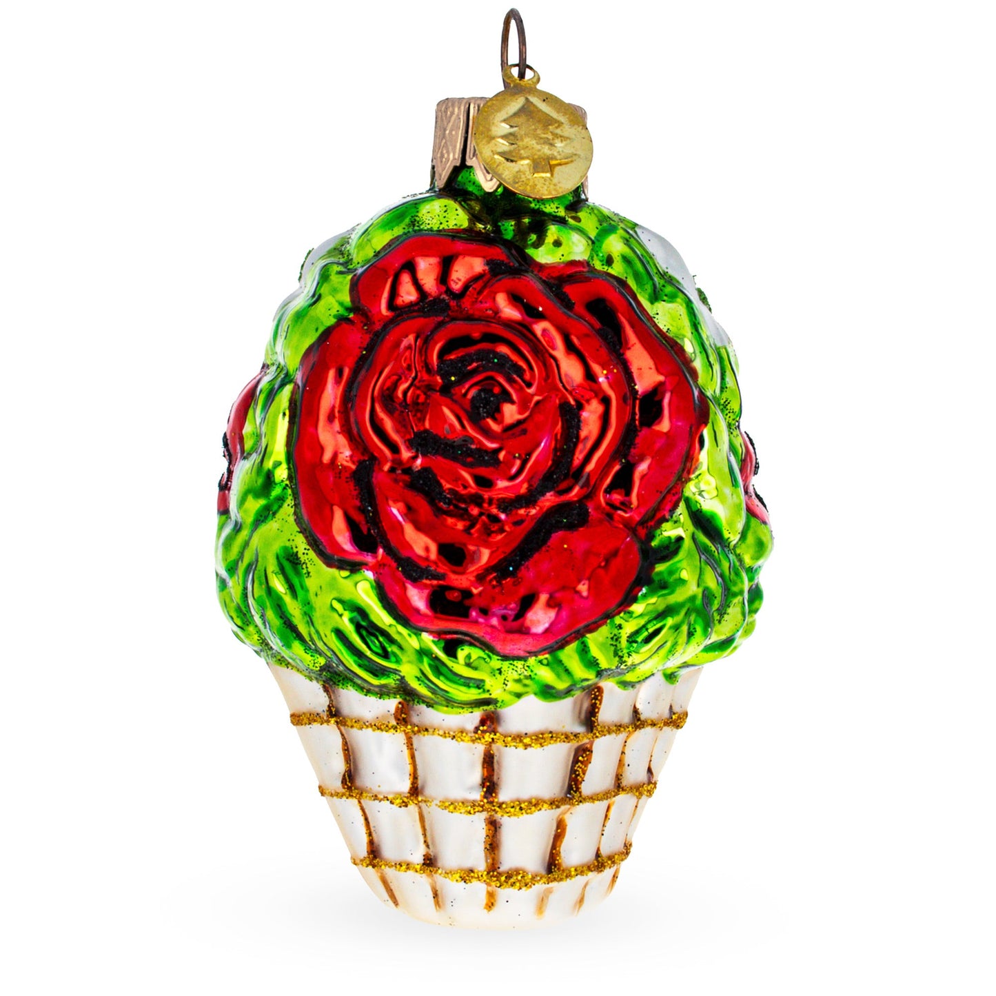 Red Flowers in White Basket Mini Glass Christmas Ornament