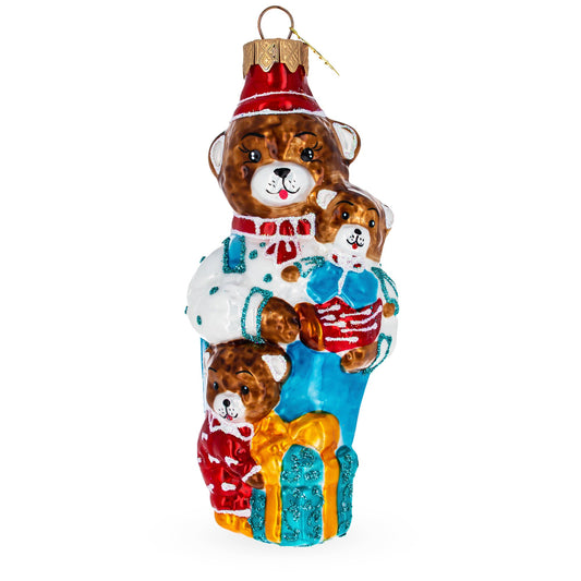 Father Bear with Cubs in Traditional Dress Mini Glass Christmas Ornament