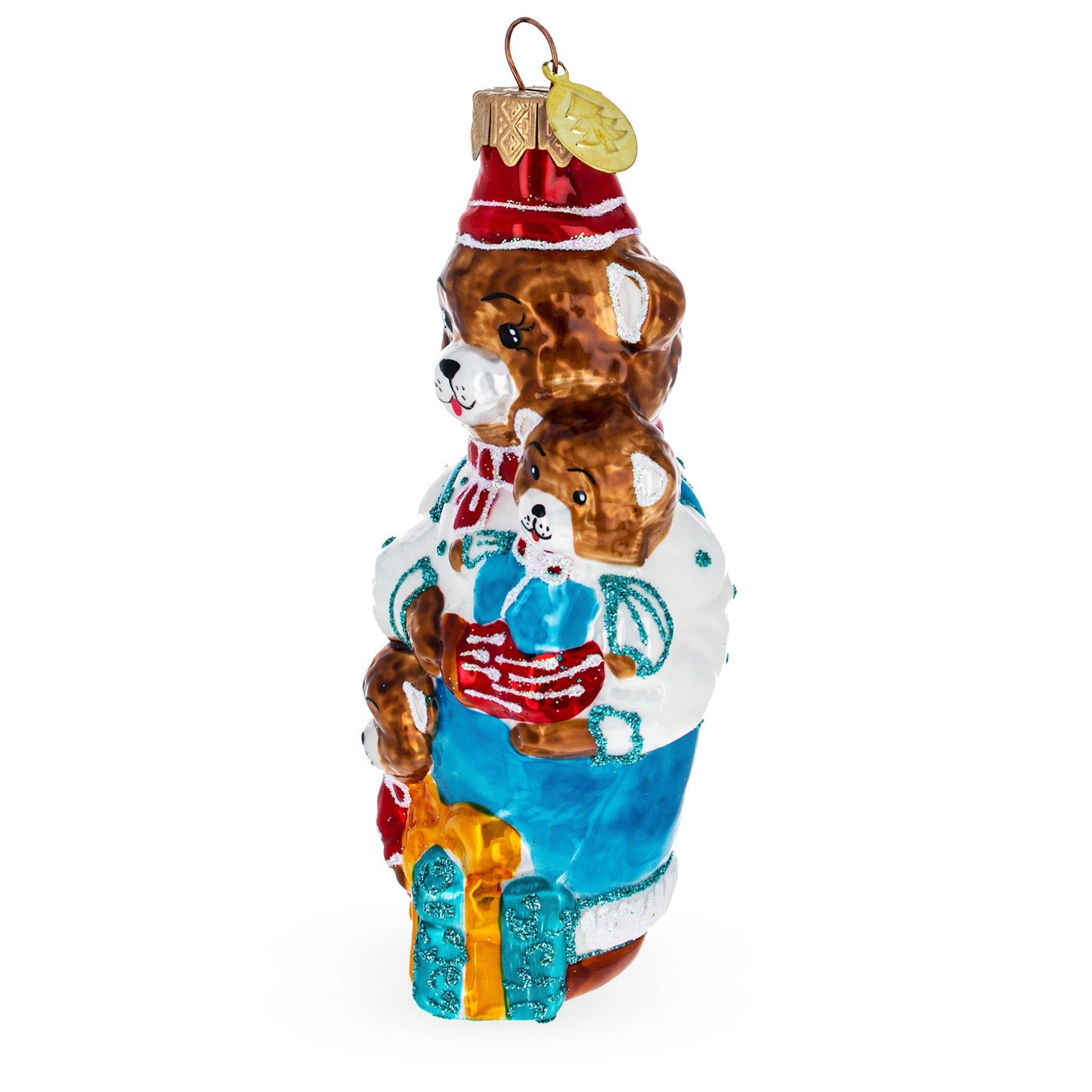 Father Bear with Cubs in Traditional Dress Mini Glass Christmas Ornament