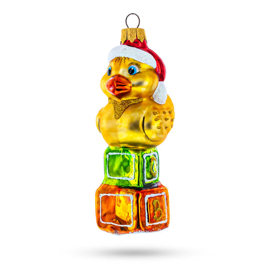 Yellow Duck on Letter Blocks Mini Glass Christmas Ornament