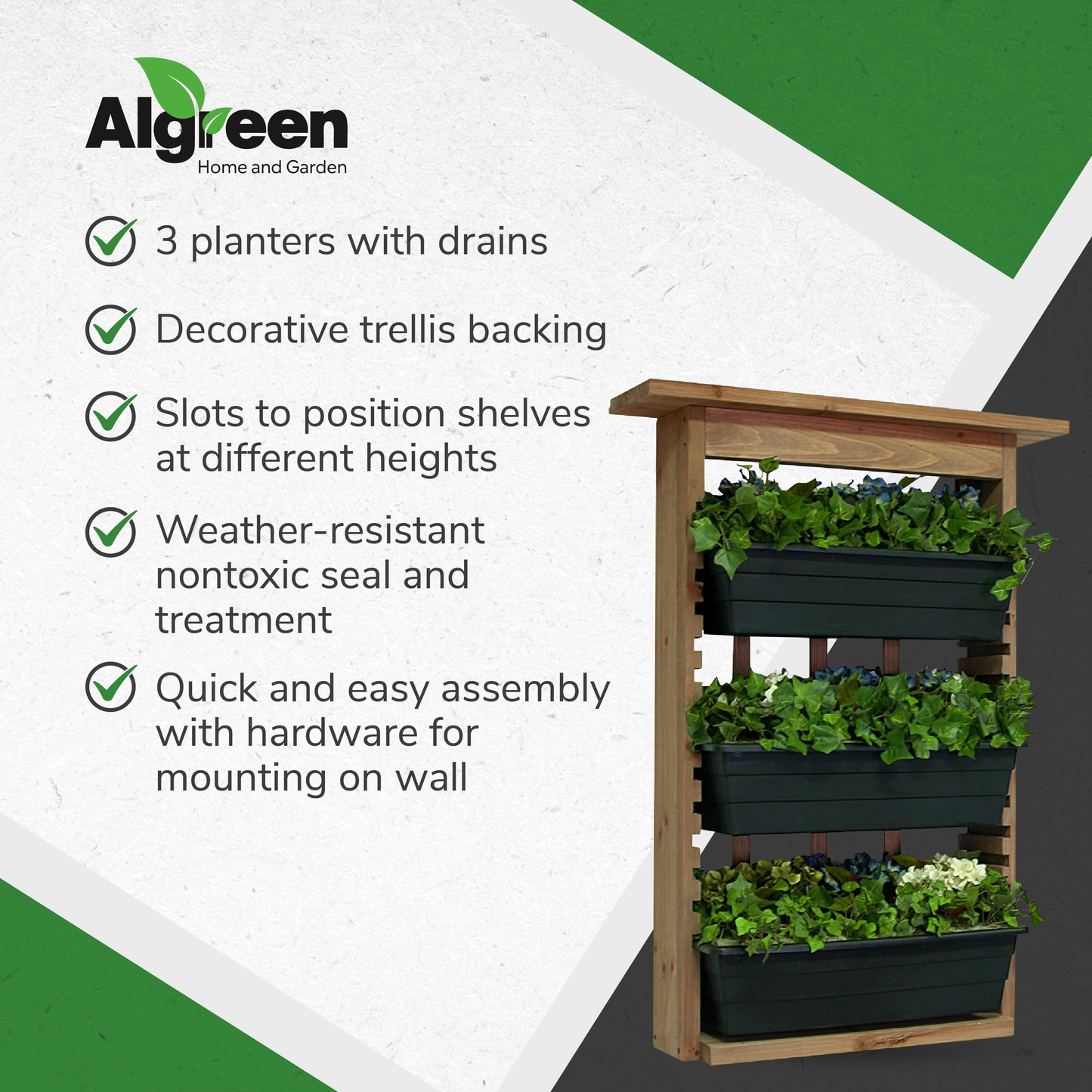 Algreen Gardenview Decorative Trellis with 3 Vertical Wall Hanging Planters