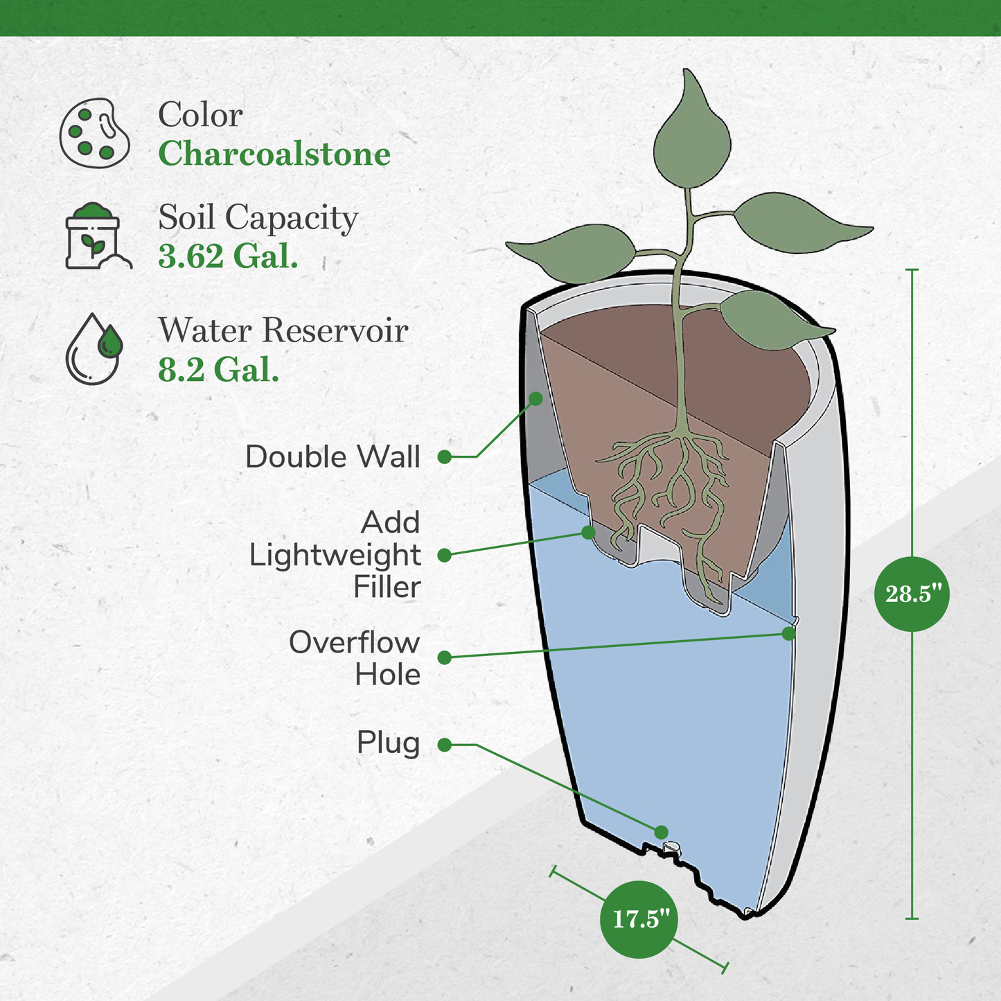 Algreen Products 87303 Athena 28.5" Self-Watering Flower Pot & Planter, Charcoal