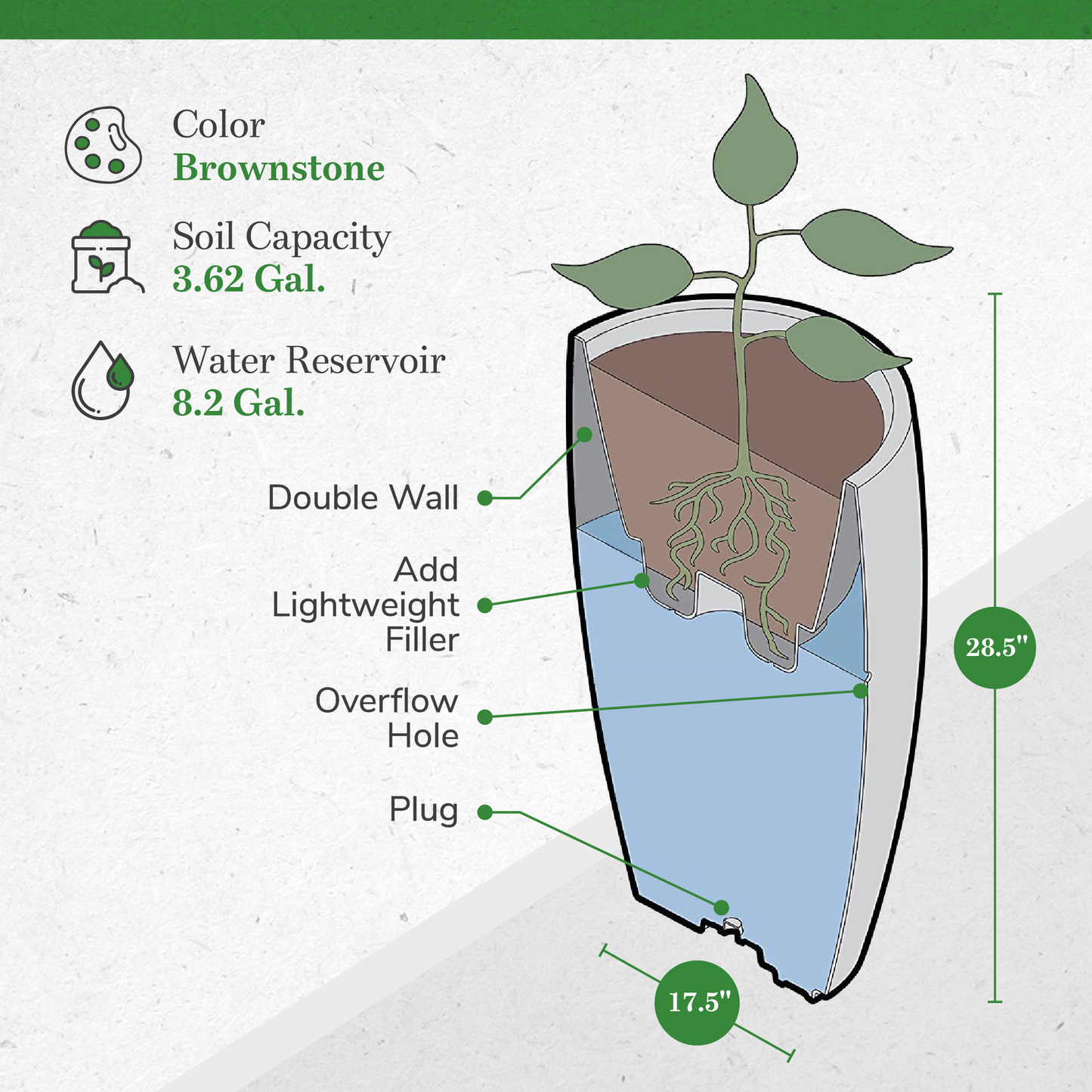 Algreen Products 87313 Athena 28.5" Self-Watering Flower Pot & Planter, Brown