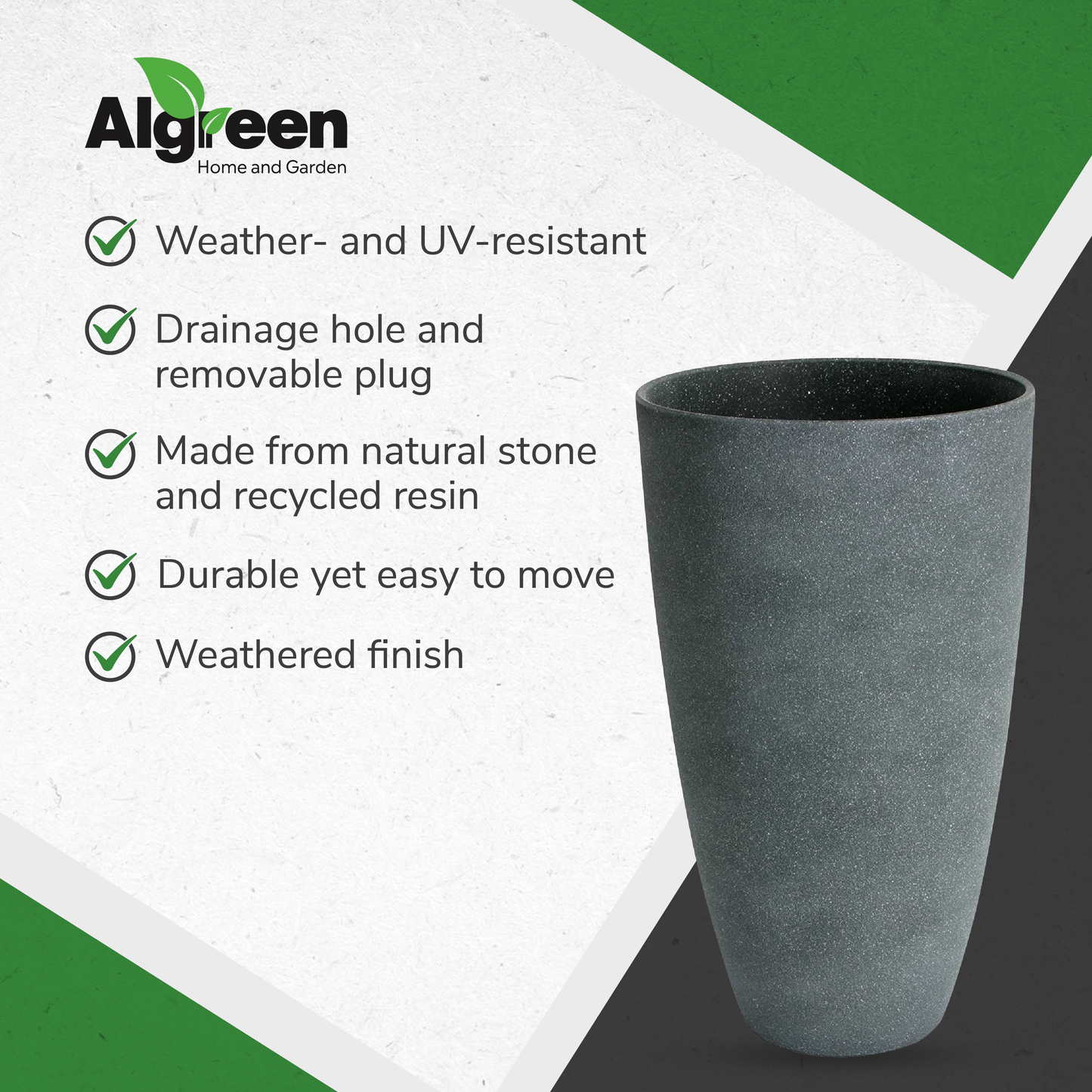 Algreen Acerra Weather Resistant Composite Tall Vase Planter Pot, Gray Stucco