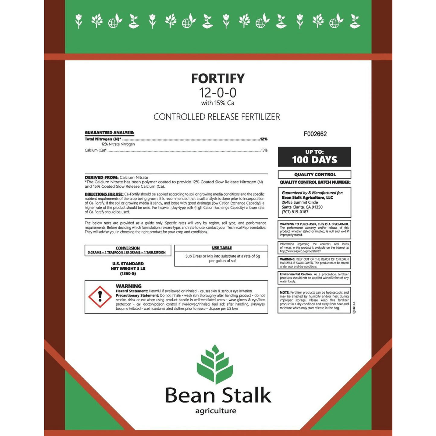 Beanstalk Fortify Controlled Release Fertilizer with Calcium and Magnesium, 3 lb Pouch