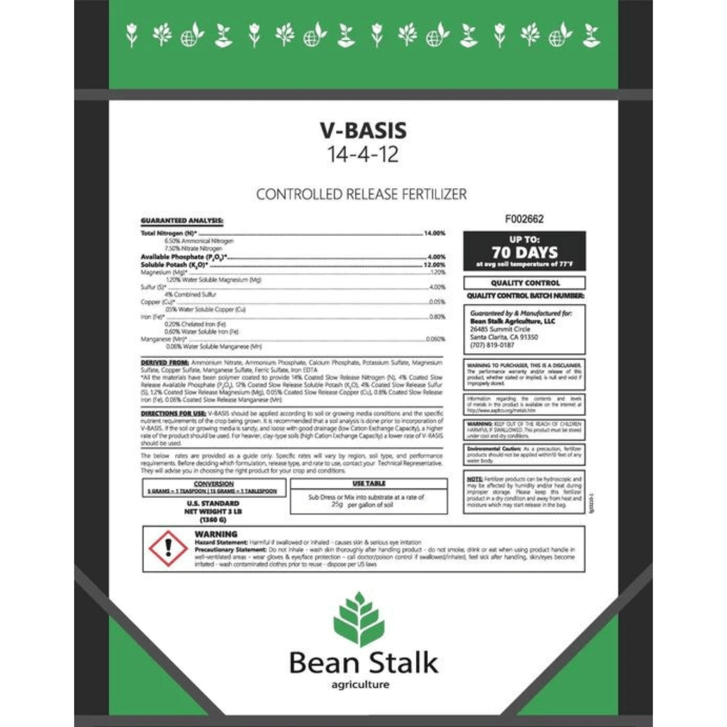 Beanstalk V-Basis Controlled Release Fertilizer for Veg, 1 lb Pouch