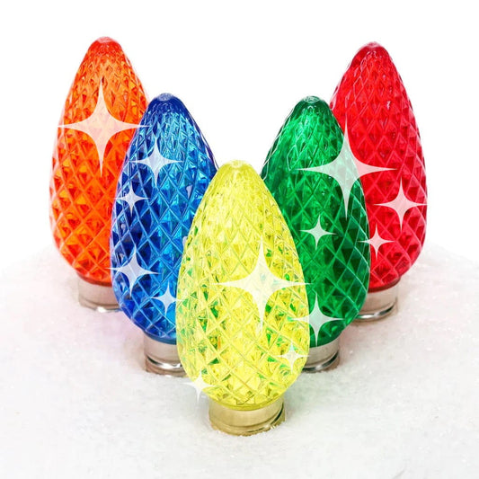 C9 Multicolor LED Christmas Light Bulbs, Faceted, Pack of 25, TWINKLE