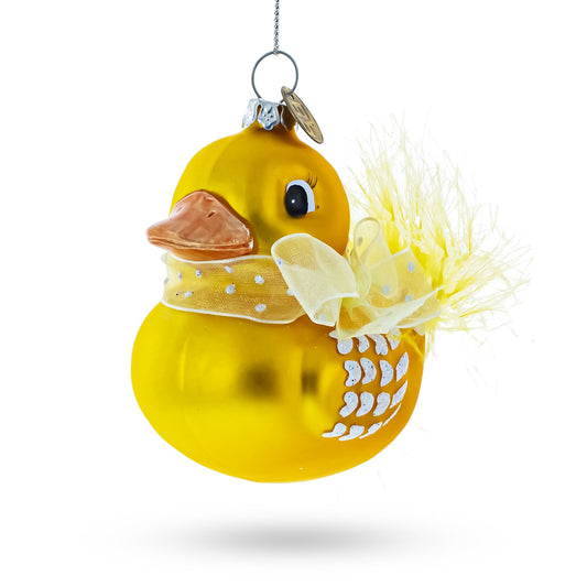 Yellow Duck Adorned with Fabric Bow Glass Christmas Ornament