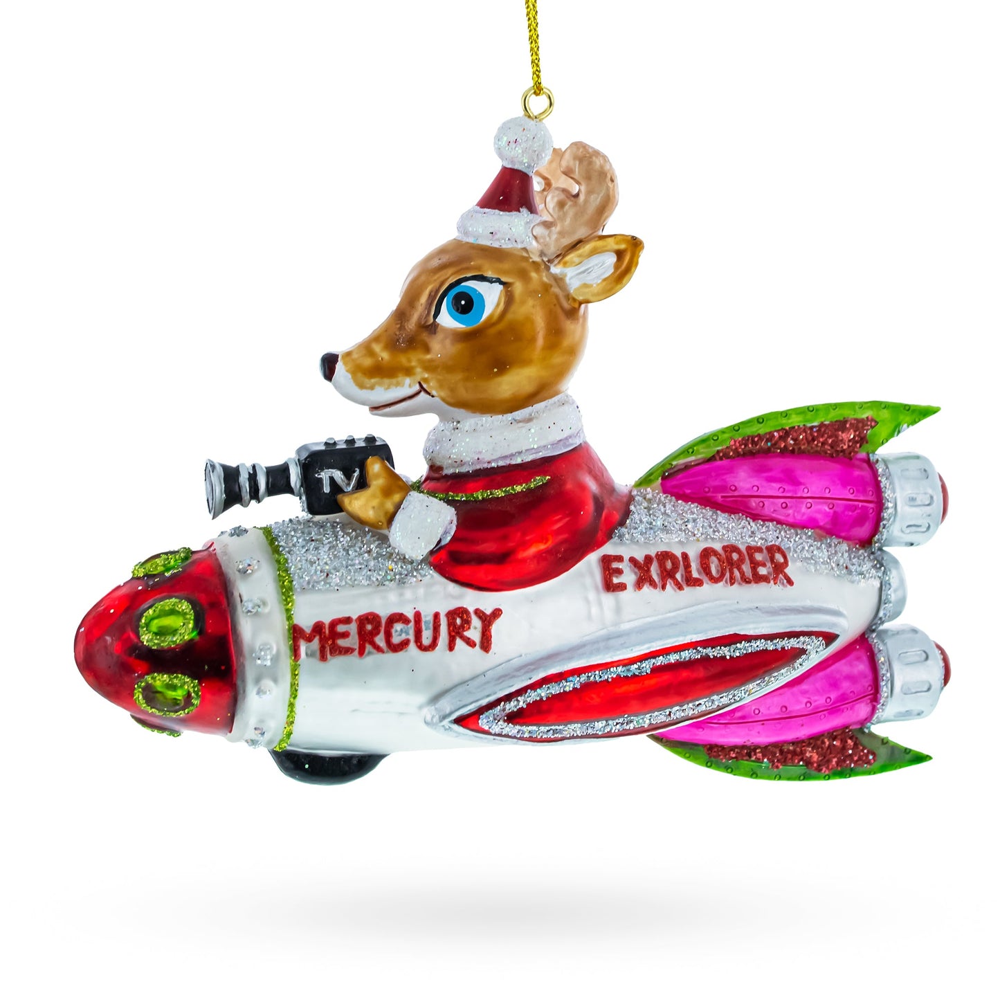 Deer Cameraman Aboard Space Rocket Glass Christmas Ornament