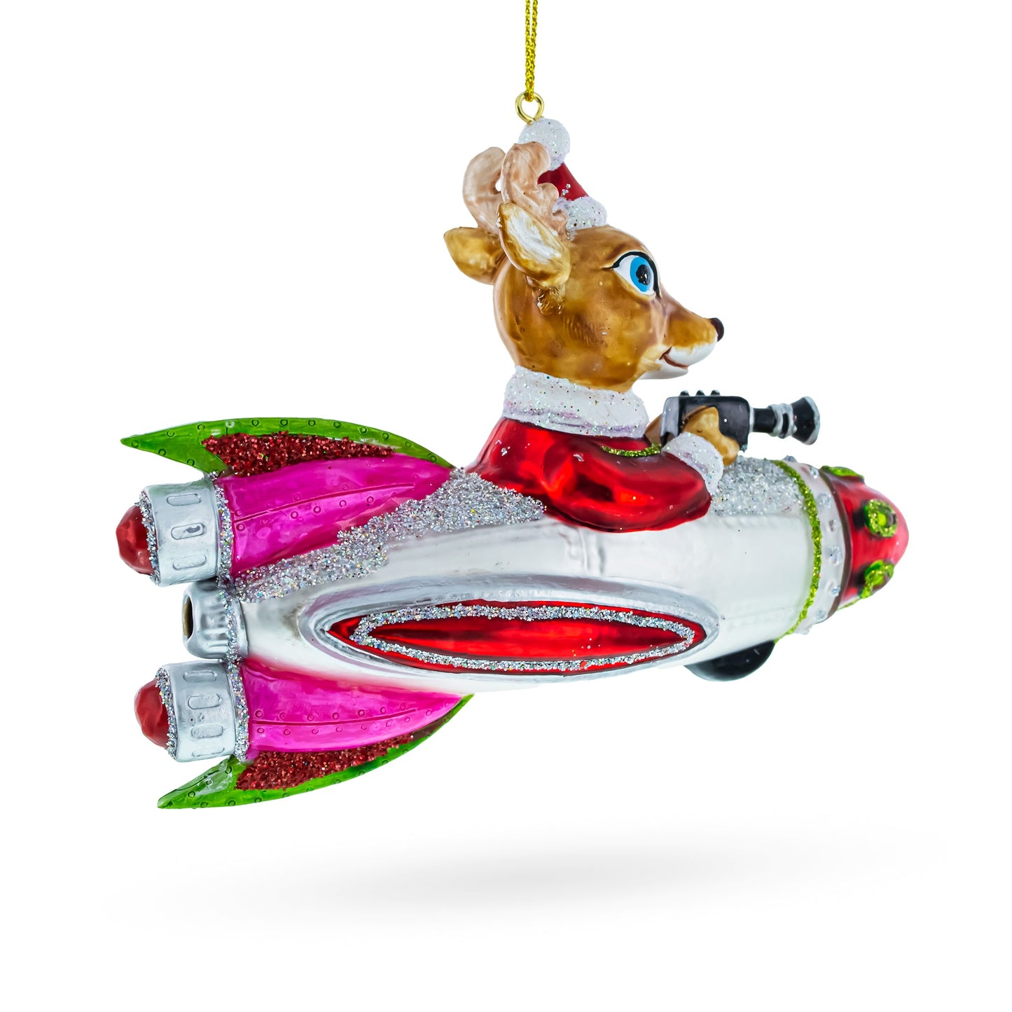 Deer Cameraman Aboard Space Rocket Glass Christmas Ornament