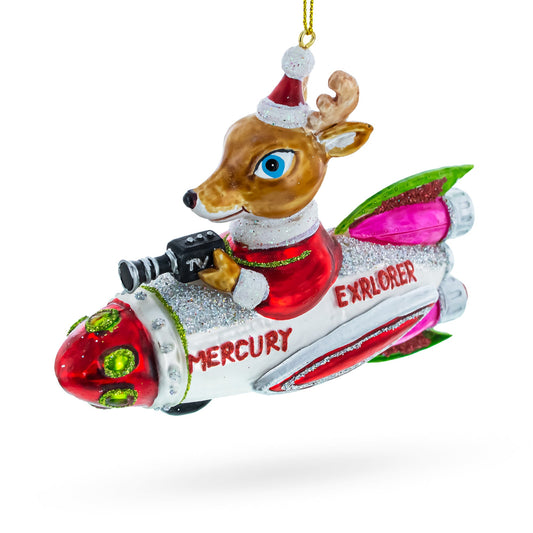 Deer Cameraman Aboard Space Rocket Glass Christmas Ornament