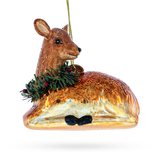 Deer Adorned with Christmas Wreath Glass Christmas Ornament