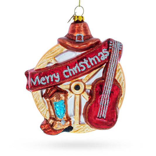 Western Ensemble with Guitar, Cowboy Boots Blown Glass Christmas Ornament